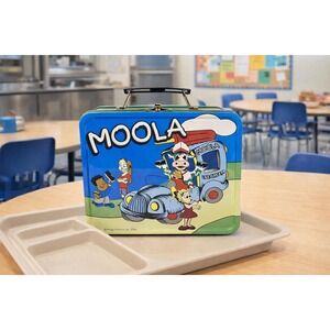 Vintage Moola the Cow Metal Lunch Box Green Blue Kids Collectible